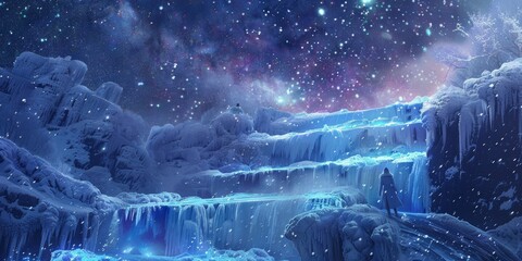 Starlit sovereign of the ancient sky atop frozen waterfalls background, ai generated