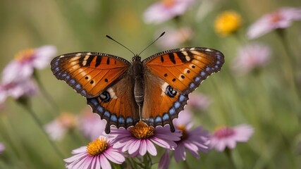 Obraz premium Macro shot of A vibrant butterfly perched on a colorful flower. The wings of the butterfly should be open, displaying their full pattern and color. A blooming meadow with a variety of wildflowers. The