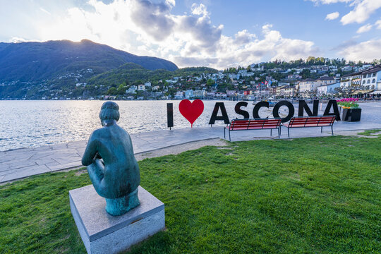 Ascona, Turkey - April 16, 2024 : Ascona Town lakeside street view in Switzerland.