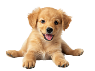 Cute Golden Retriever puppy. The puppy is looking at the camera with a happy expression on its face. It is sitting on a white background and has a light brown coat.