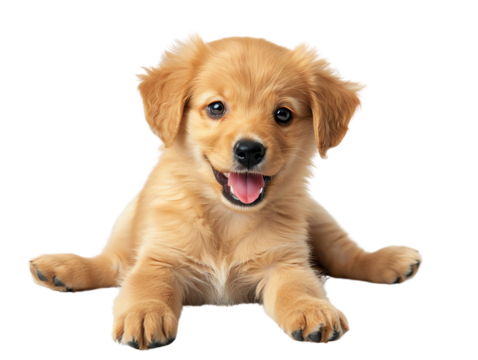 Cute Golden Retriever puppy. The puppy is looking at the camera with a happy expression on its face. It is sitting on a white background and has a light brown coat.