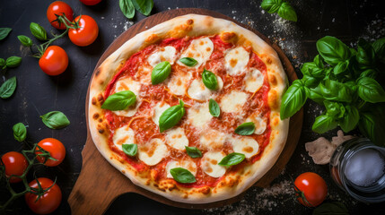 Delicious aromatic pizza with gooey cheese, salami, pepperoni, and basil, next to the ingredients on a dark table surface.
