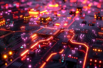 Obraz premium Captivating Abstract Digital Labyrinth of Interconnected Circuits and Glowing Data Streams with Vibrant Colors and Sharp Angles