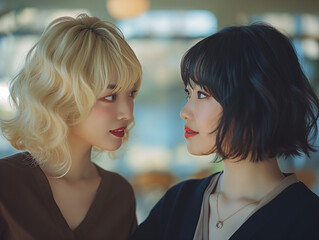 Photograph of Japanese female lesbian couple packing vacation bags in a very small romantic apartment room