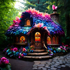 Fototapeta premium A detailed and whimsical illustration of a Dreamy house constructed entirely from soft, colorful feathers.