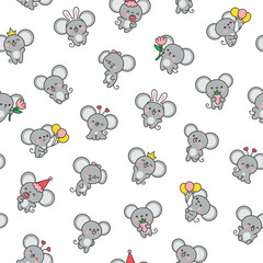 Cute kawaii mouse. Seamless pattern. Cartoon happy baby rat characters. Hand drawn style. Vector drawing. Design ornaments.