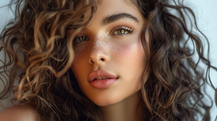 Beautiful hair long curly hairstyle woman with beauty makeup female model portrait. copy space for text.