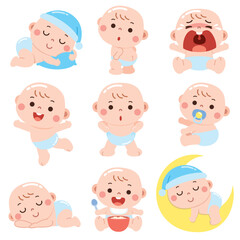 Obraz premium Cute Cartoon Baby in Different Emotions and Activities