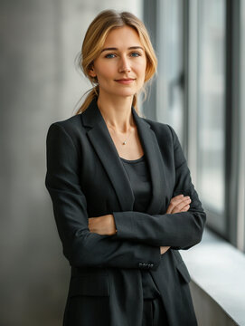 Portret biznesowy kobiety businesswoman - piękna blondynka przy oknie biura.