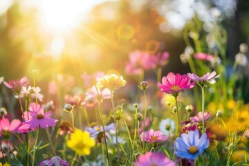 beautiful cosmos flower field, summer and spring banner, colourful flowers