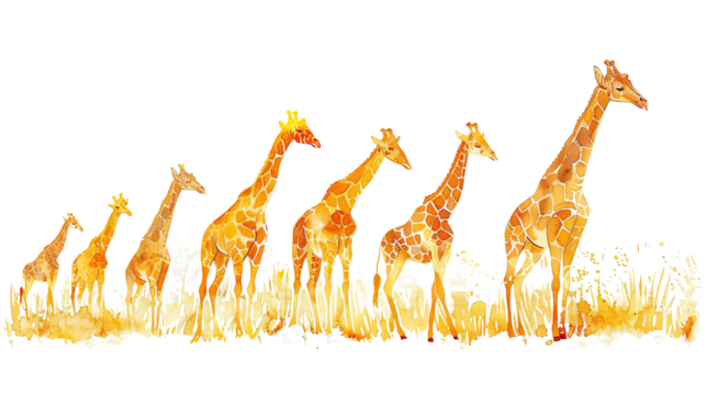 The image shows a group of giraffes walking through a grassy field