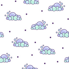 Soap foam set with bubbles. Seamless pattern. Suds of bath, shampoo, shaving, mousse. Cloudy frame and corner. Hand drawn style. Vector drawing. Design ornaments.