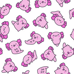 Cute kawaii baby axolotl. Seamless pattern. Cartoon funny animals character. Hand drawn style. Vector drawing. Design ornaments.