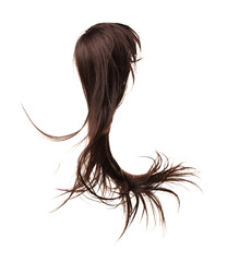 Long straight Wig brunette hair style fly from strong wind. Brunette woman wig wave hair float in mid air. Straight brunette curl wig hair wind blow storm. White background isolated
