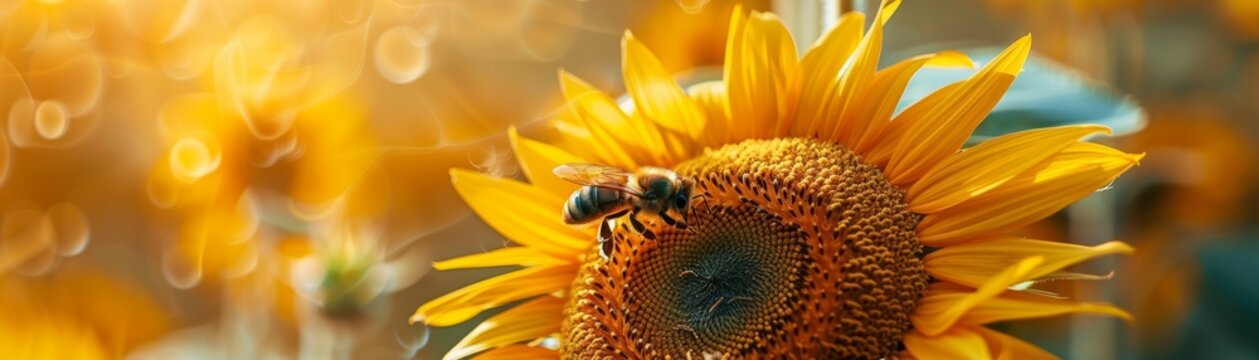 Close-up of a honey bee collecting nectar on a vibrant sunflower in a summer field, with a warm, golden bokeh background.