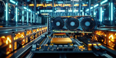 Naklejka premium Bitcoin Mining Rig with Cooling Fans