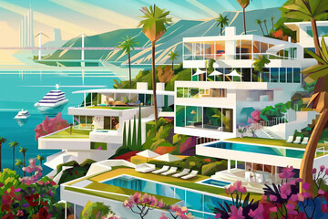 Fototapeta premium Vector style illustration of vacation homes on the bay