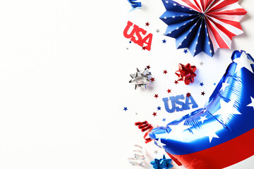 4th of July independence day poster, banner, flyer with foil balloon, paper fan and confetti....