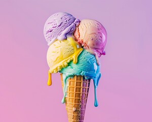 Ice cream with colorful scoops melting in pastel colors. Minimal summer fantasy concept.	