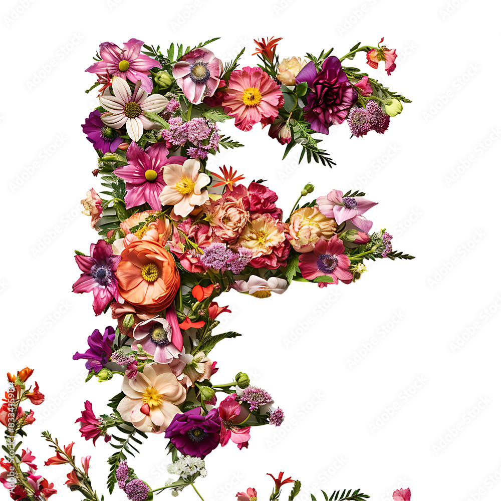 Fototapete elegant shot of text letters f crafted in flowers on a clean, isolated on transparent background