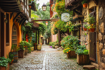 Fototapeta premium A charming European village with cobblestone streets and historic architecture, perfect for capturing the essence of Old World charm.