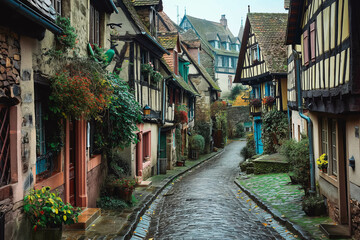 Obraz premium A charming European village with cobblestone streets and historic architecture, perfect for capturing the essence of Old World charm.