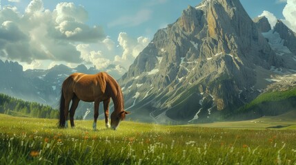 A brown horse leisurely grazed on grass in a meadow near a towering mountain