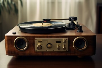 Classic wooden turntable plays a vinyl record, capturing the essence of retro music enjoyment