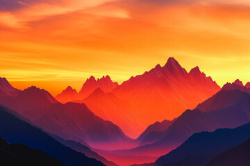 Obraz premium A dramatic mountain vista with rugged peaks silhouetted against a fiery sunset sky.