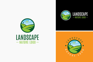 Natural landscape logo design with fresh green grass, agriculture logo with rustic feel, agriculture logo design template
