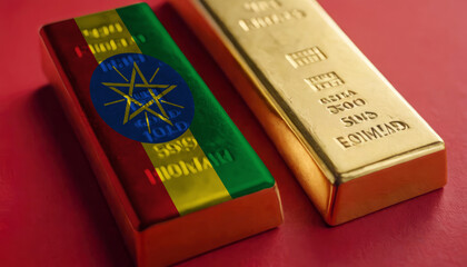 A gold bar with the Ethiopia flag imprinted on it sits next to a plain gold bar on a red background, representing economic strength and patriotism