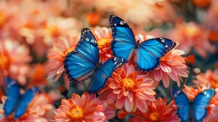 Vibrant blue butterflies perched on stunning pink flowers in a beautiful garden, showcasing the vivid colors of nature.