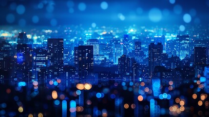 Obraz premium Vibrant cityscape at night with blurred blue lights in the foreground, creating an urban atmosphere. Perfect for backgrounds and modern designs.