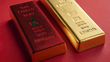 A gold bar with the Morocco flag imprinted on it sits next to a plain gold bar on a red background, representing economic strength and patriotism