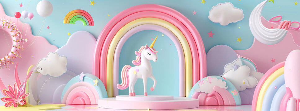 Whimsical 3D illustration of a unicorn in a magical rainbow land