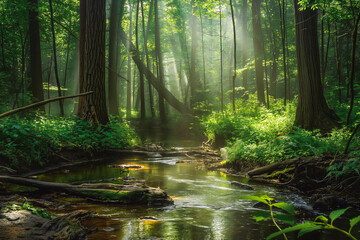 Obraz premium A peaceful forest glade with a meandering stream and sunlight filtering through the trees, creating a sense of serenity and calm.