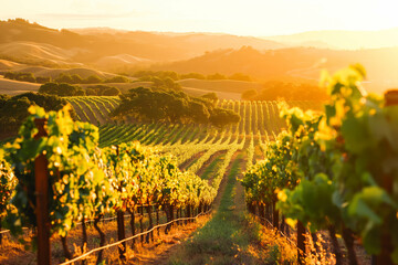 Naklejka premium A picturesque vineyard at sunset, with rows of grapevines bathed in golden light and rolling hills in the background.