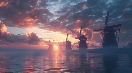 Landscape photo of 5 windmills in the middle of the ocean, natural lighting, getty images, sunset....