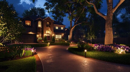 a beautifully lit outdoor garden with landscape lighting highlighting the pathways and plants.