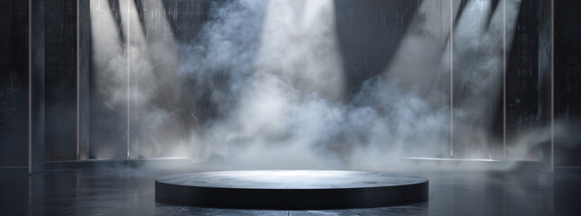 Dark and mysterious stage with spotlight and smoke