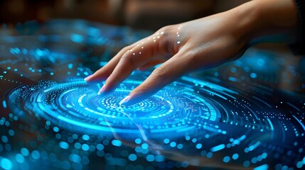 Hand touching a spinning data flow, data flow processing visualization background