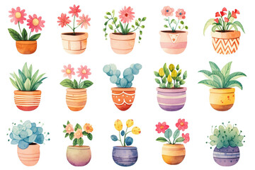 Fototapeta premium watercolor illustration boho flower pot houseplant clipart collection set, PNG isolated transparent background