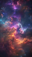 This image captures a colorful nebula with swirling clouds of gas and dust in shades of purple, blue, and orange, illuminated by stars, against the dark, expansive backdrop of space.
