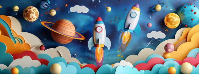 Rockets launching into space with planets and stars in the background