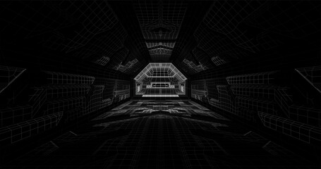 Futuristic low poly sci-fi laboratory or spaceship corridor with neon light. Vector illustration © shacil