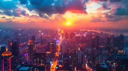 Fototapeta premium Captivating Cityscape at Twilight with Vibrant Lights and Bustling Streets of a Dynamic Metropolis