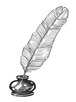 recommend clip art: Feather in inkwell. Quill pen and ink bottle. Hand drawn sketch vintage drawing