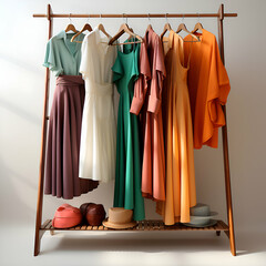 Women's clothing on hangers in the wardrobe. 3d rendering