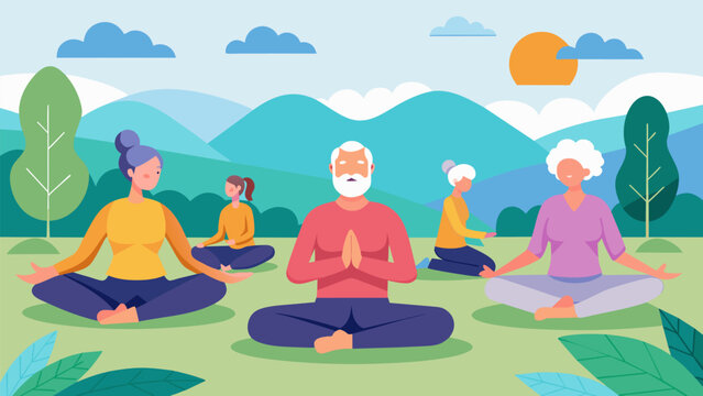 A series of seniors stretching and moving to a virtual yoga class in a serene outdoor setting.. Vector illustration