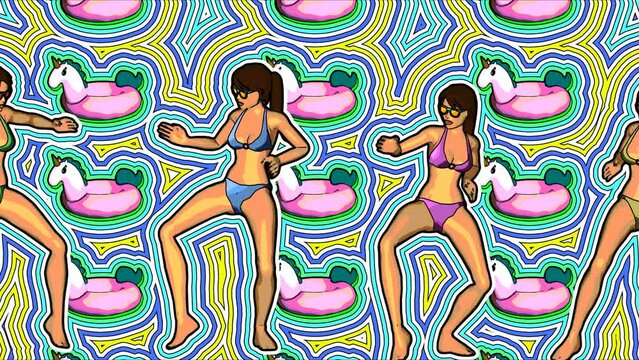 Seamless animation of  bikini girls dancing.  Funny summer background cartoon hand drawn style with wave echo lines.